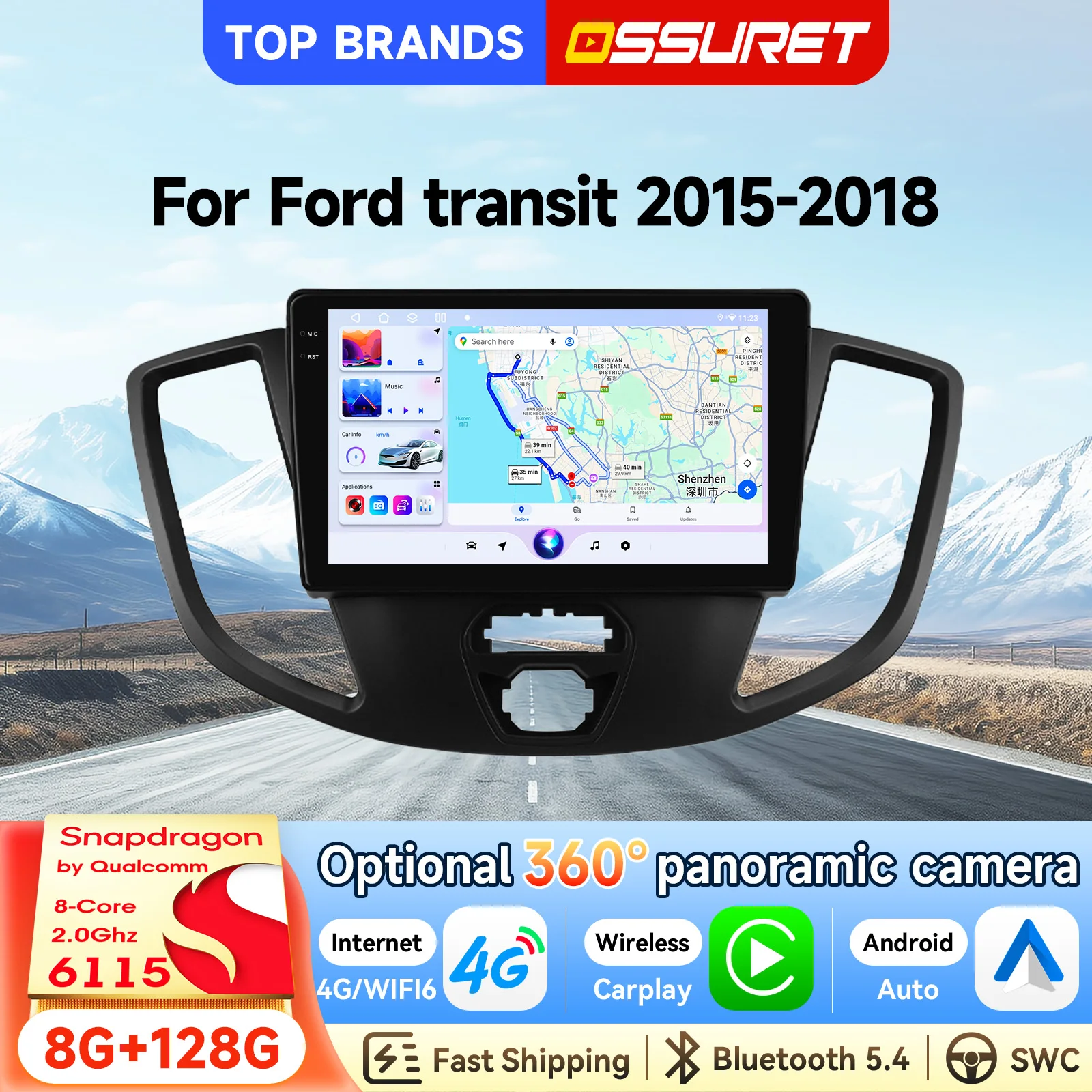 GPS-Navigation 2 Din 9'' Android 15 Autoradio für Ford Transit 2015-2018, Smart Head Unit mit kabellosem CarPlay, Android Auto, SWC, RDS, FM, DSP, 4G, Bluetooth, Freisprechfunktion, Audio-, Radio- und