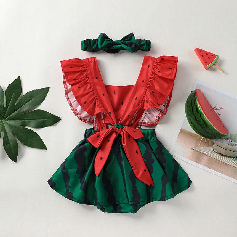 

Infant Baby Girls Romper Dress Watermelon Ruffles Fly Sleeve Square Neck Jumpsuits Bodysuits with Headband