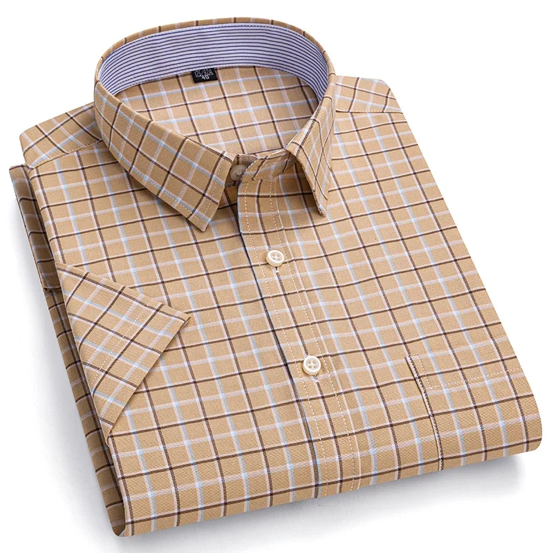 Camisa de manga corta Oxford para hombre, vestido a rayas, sólido, informal, ajustado, para oficina de negocios