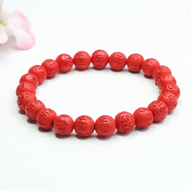 Natural Cinnabar Six-character Proverbs Round Bead Bracelet Red Sand Jewelry Men's and women's fine jewelry