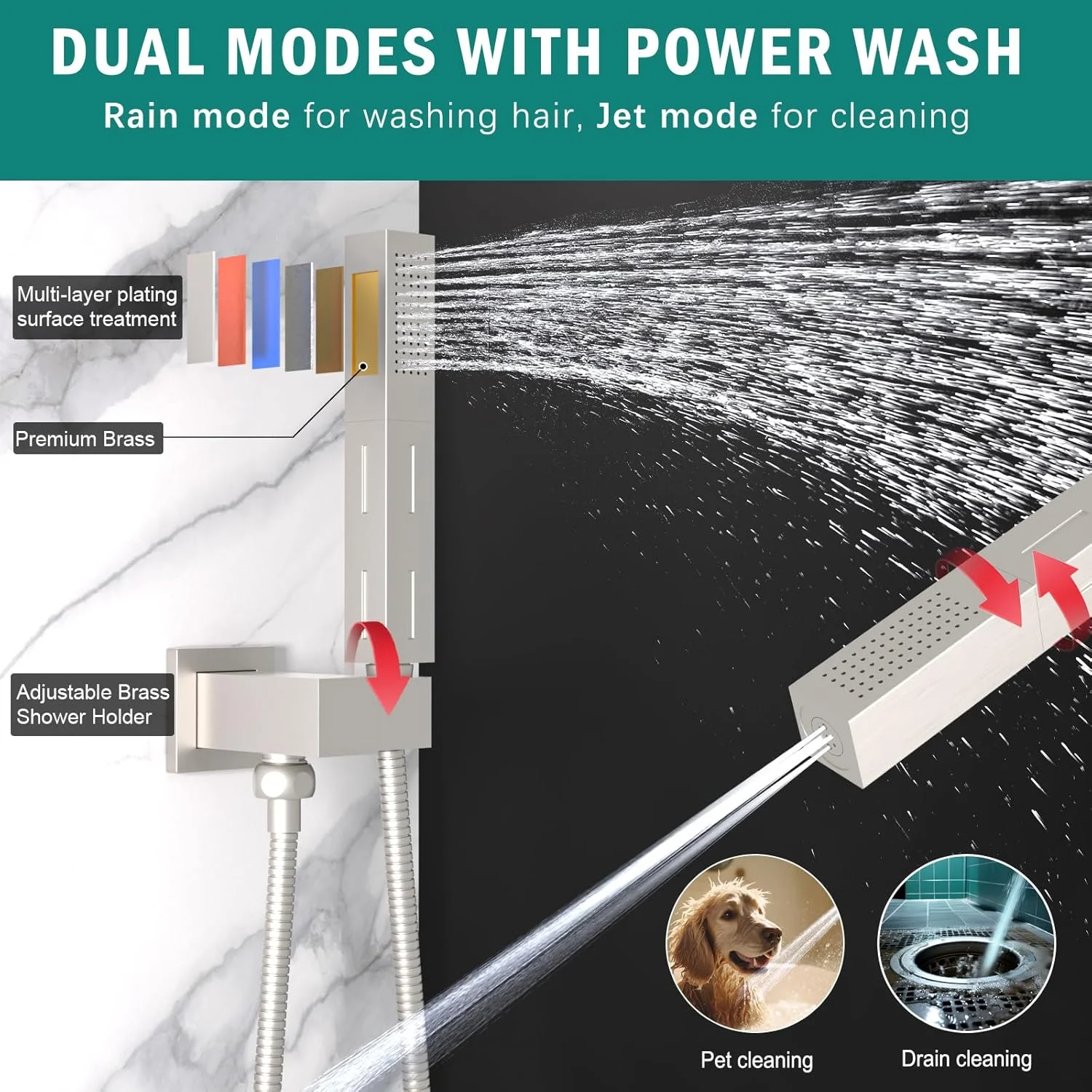 Dual Rain Shower Faucet Set 10+6 Functions Handheld Wall Mount Adjustable Volume Brushed Nickel Apartment Soft Spray