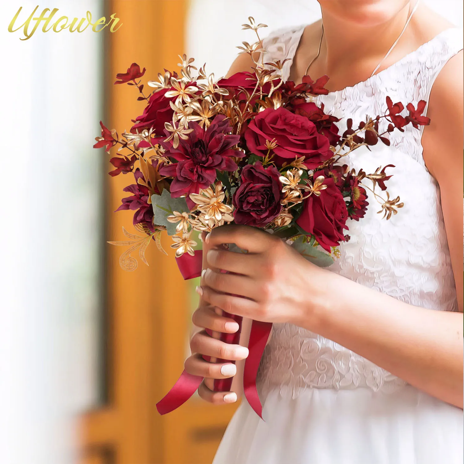 

Bridal Hand Flower Bouquet Wedding Reception Red Rose Floral Arrangement Supplies Event Party Photography Props Stage Decor
