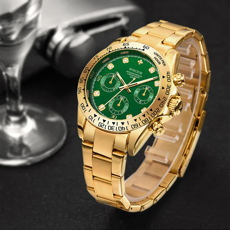 WWOOR New Chronograph Men\'s Watches Stainless Steel Top luxury Band Green Wristwatches Male Sport Quartz Clock Relogio Masculino