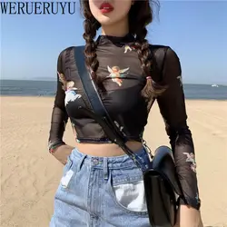 Black Mesh Angel Pattern T Shirt Sexy Crop Top Women Clothes Summer Long Sleeve Graphic Transparent Turtleneck Short Tshirts New