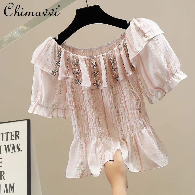 

Fashion Heavy Floral Lotus Leaf Edge Diamond Decorative Short Sleeve Shirt Summer New Sweet Girl Design Elegant Loose Tops