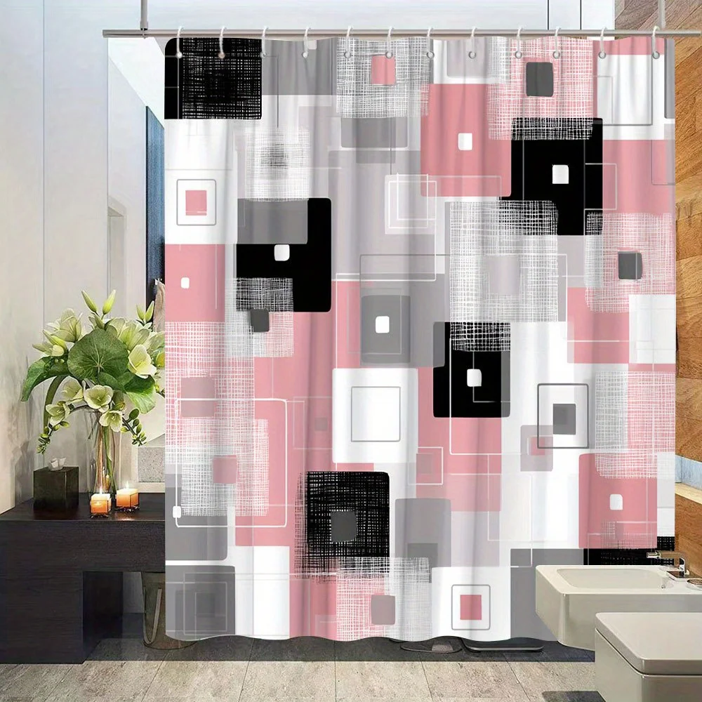 Waterproof Abstract Geometric Shower Curtain Modern Bathroom Decor Pink Gray Black Neutral Pattern Curtain Liner for Home Bathro