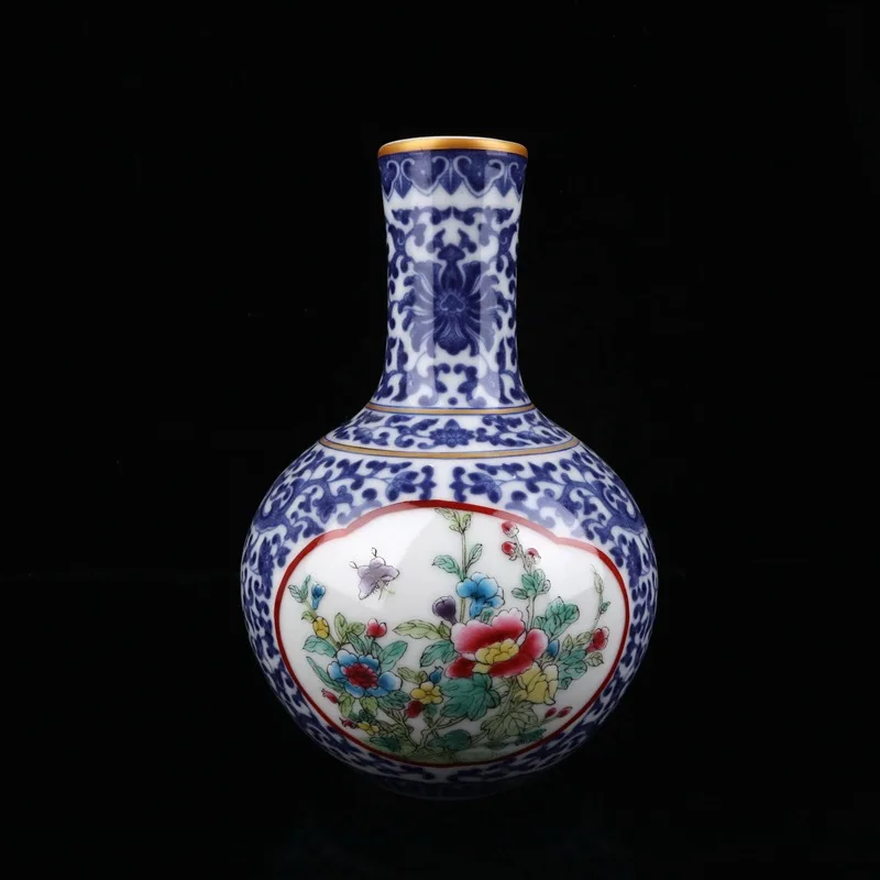 Antique Collection Qing Qianlong mark cloisonné enamel openwork bird and flower celestial globe porcelain vase