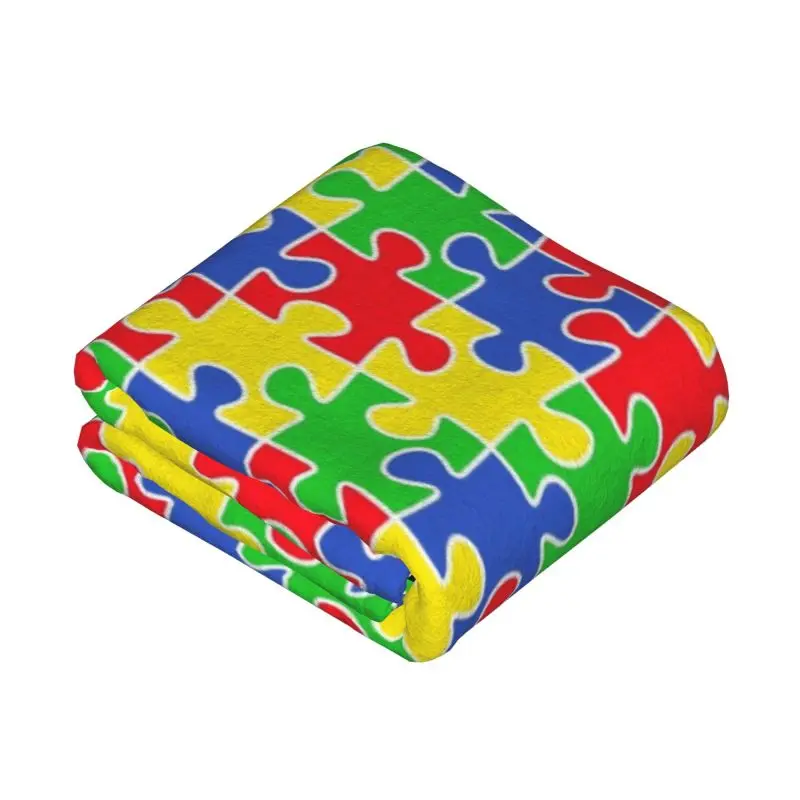 Custom Colorful Puzzle Pieces Autism Awareness Blanket Warm Fleece Soft Flannel Throw Blankets Bed Couch Travel Spring Autumn