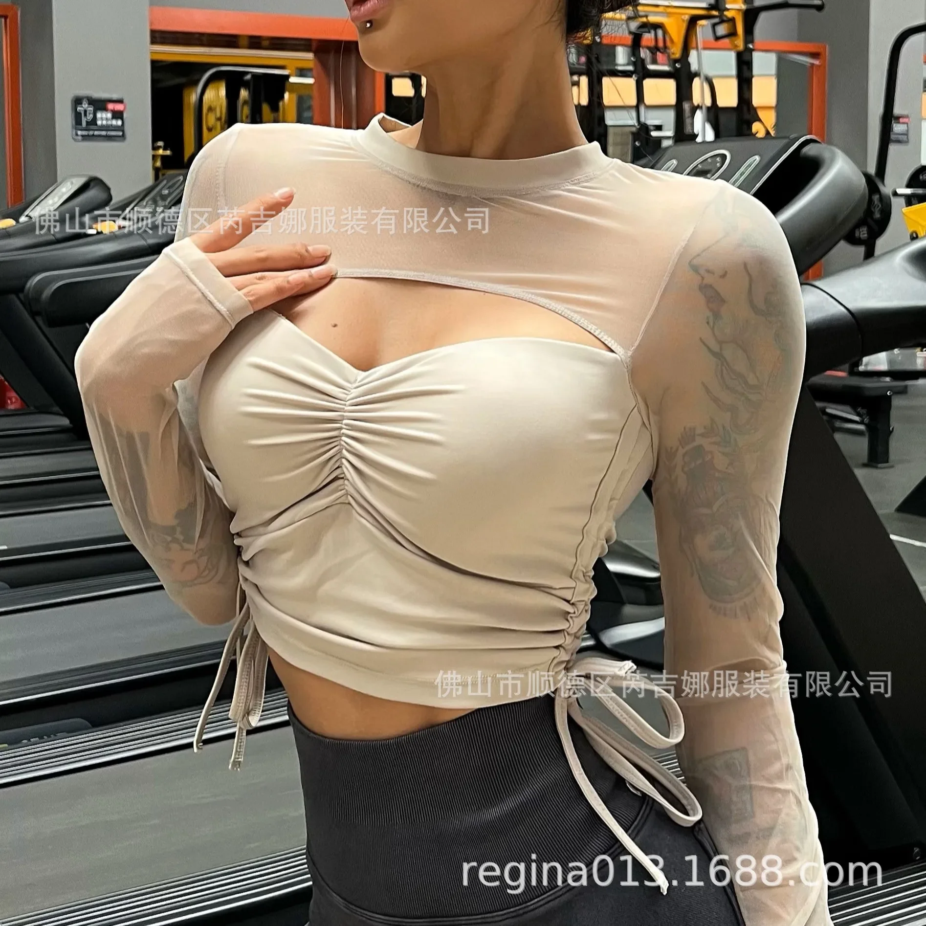 Lightweight Sexy Sports Fitness Running With Chest Pads Lo ng Sleeves Women's Mesh See-through Yoga Dance Tops Outside Wear