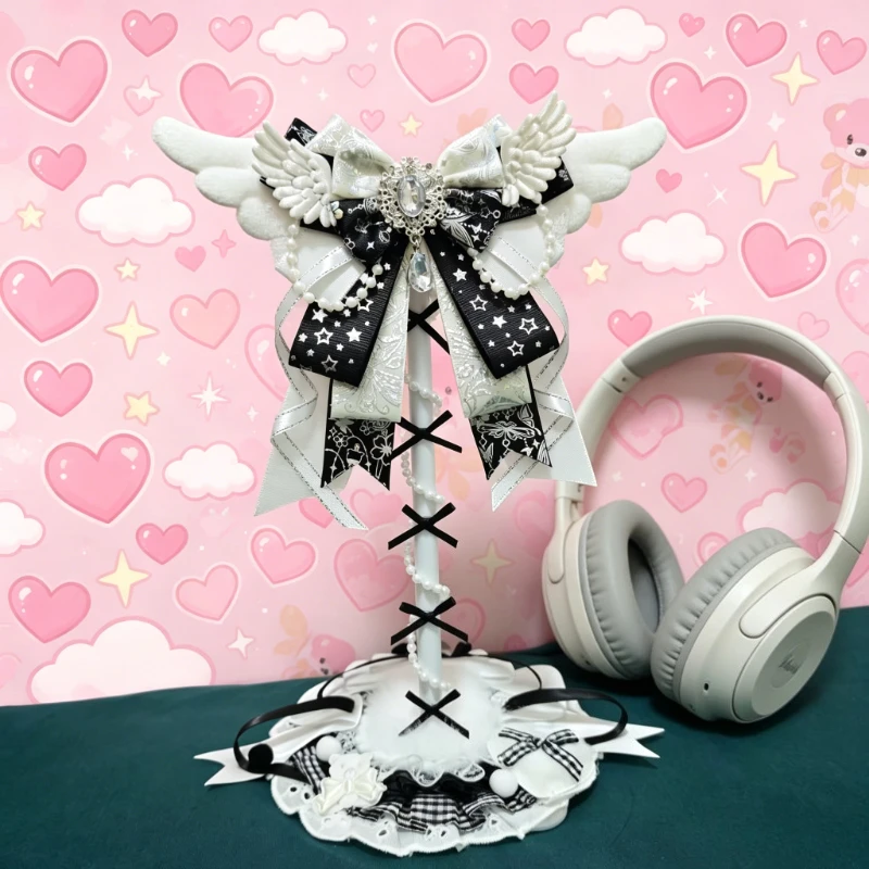 Cute Angel Wings Headphone Stand Custom Black Lace Bow Headset Holder Kawaii Desktop Decoration for Gaming Headset Display Gift