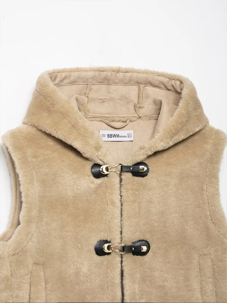 欧米風2025年秋新作 レディース フード付き ノットバックル フェイクファー風ベストジャケット