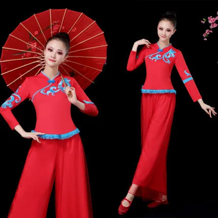 red-square-dance-outfit-women's-long-sleeve-seven-quarter-sleeve-long-pants-set-performance-clothing-spring-summer-new-style
