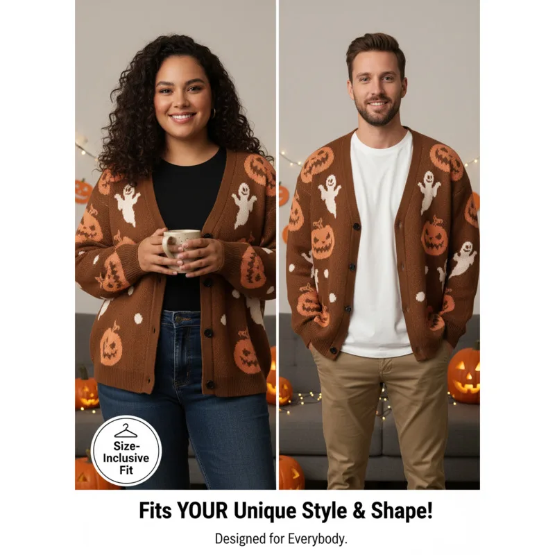 

Жаккардовый кардиган с тыквой на Хэллоуин, женский топ в евро-американском стиле с призраком и v-образным вырезом, свободный вязаный свитер на пуговицах, пальто, топ на Рождество, новинка