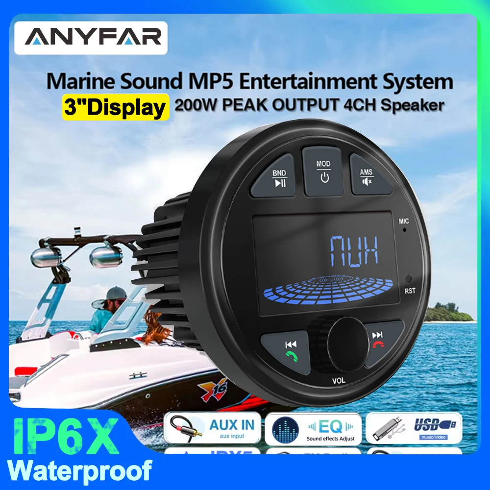 

Boat Radio Marine Stereo Source Media Player AM FM RDS Receiver MP3 MP4 Video Play Bluetooth AUX for RV ATV UTV Cart Motorcycl