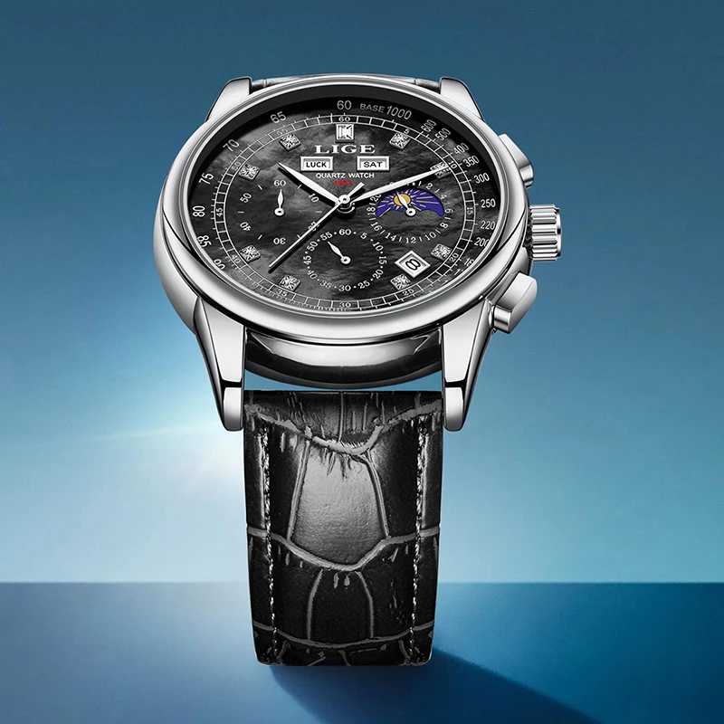 

Новые мужские часы LIGE, деловые кожаные часы для мужчин, модные военные спортивные водонепроницаемые часы с фазами луны, кварцевый хронограф Montre Homme