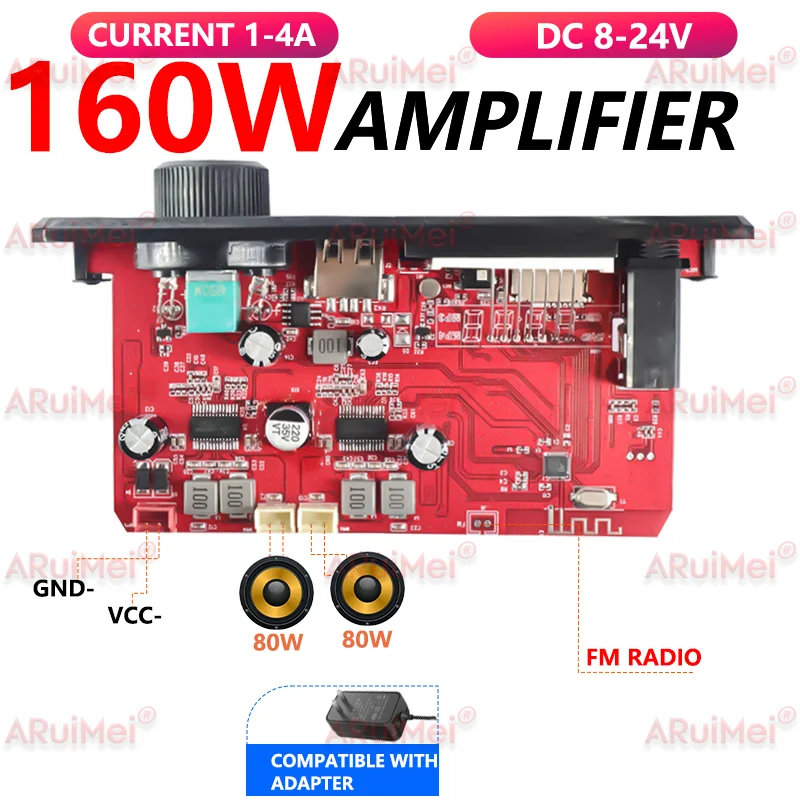 ARuiMei 160W 2 * 80W Amplifier Board Bluetooth 5.0 MP3 Decoder USB/TF/FM Car Stereo 8-24V Call Recording Folder Switching