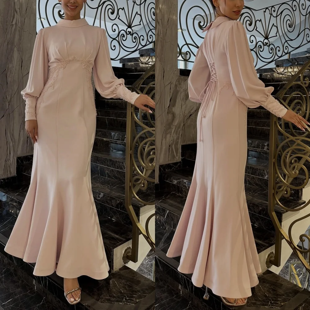 

Индивидуальные платья миди из джерси с бисером на шнуровке и высоким воротником, платья миди русалки на заказ, женские элегантные вечерние, свадебные, для гостей, формальные