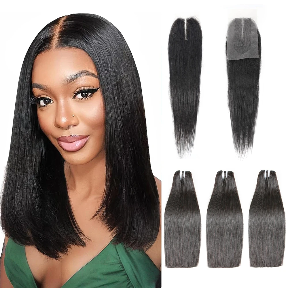 Bone Straight Human Hair 3 Bundles with Closure 15A Black SDD Straight Vietnam Raw Human Hair Bundles 2x6 Lace Kim K Closure