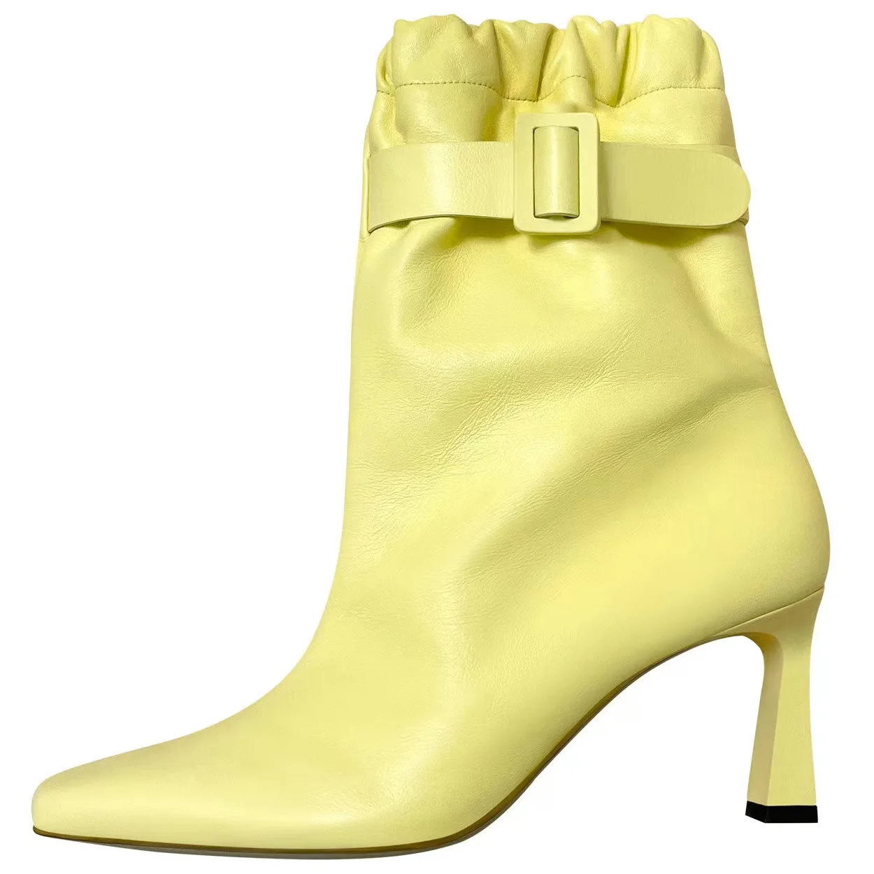 

Pointed-Toe Stiletto Pleated Buckle Elastic Ankle Boots Soft Leather Slip-On Dress Botines Large Sizes Short Botas Femininas