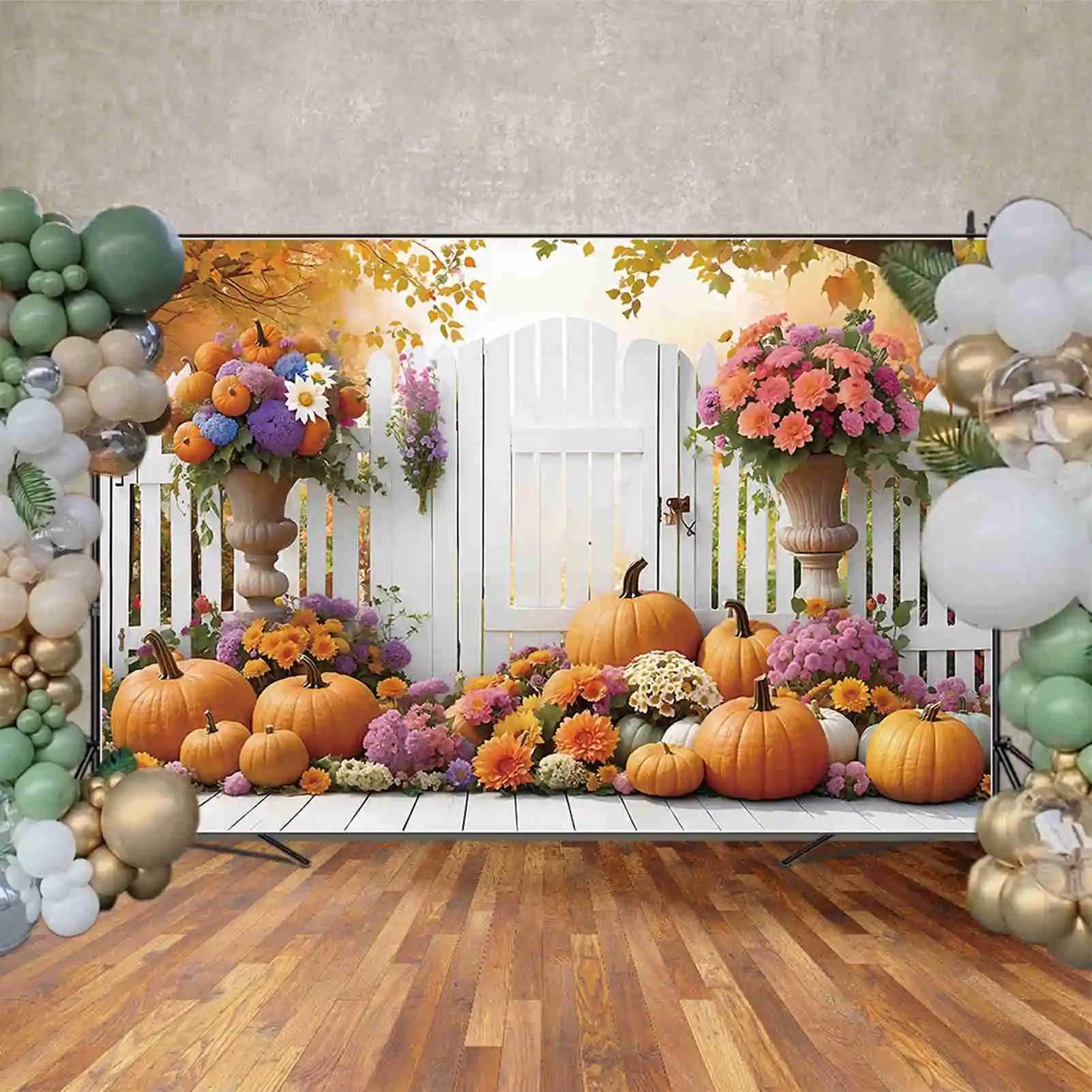 MOON.QG Autumn Photo Studio Background Thanksgiving Garden Fence Flower Backdrop Home Party Decoration Back Drop for Photography