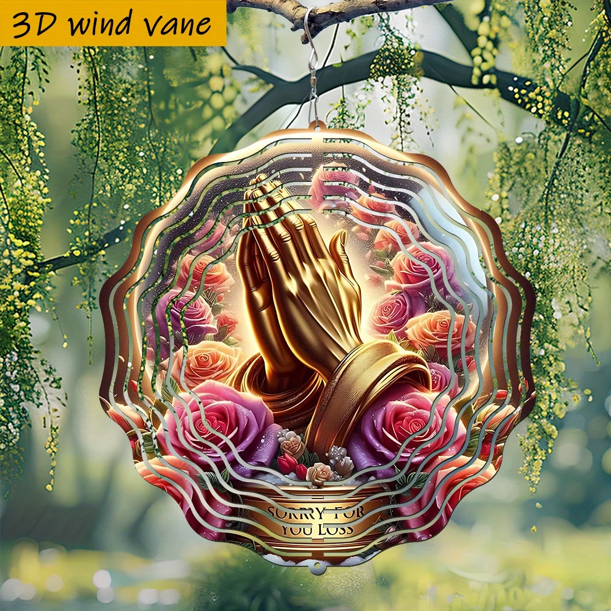 CIFBUY Prayer Grateful Rose 3D Wind Chime Metal Spinner with 360 Rotating Hook Whimsical Rainbow Style Hanging Ornament for Gard