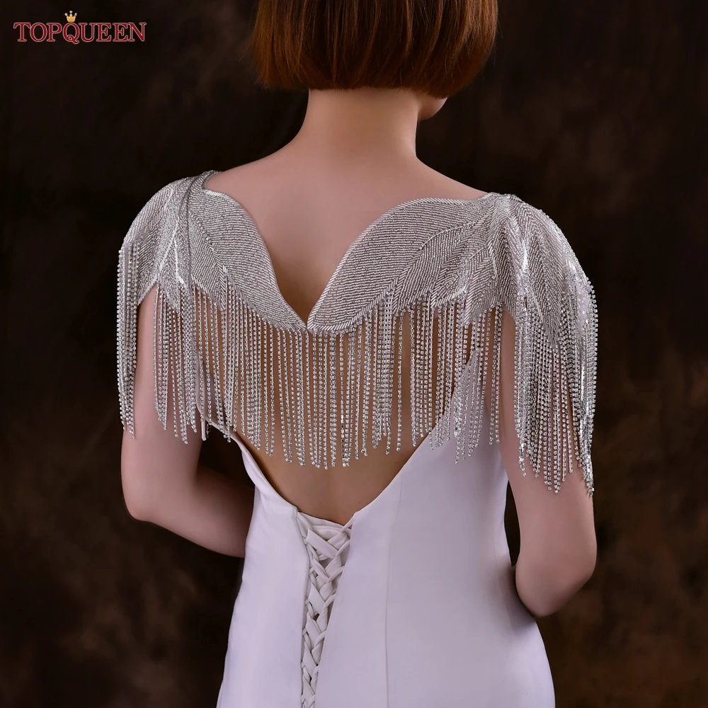 TOPQUEEN-Aplique de borla de cuello de diamantes de imitación, chal de boda, chaqueta, vestido, accesorios de decoración, Bolero de encogimiento de hombros nupcial, SP59