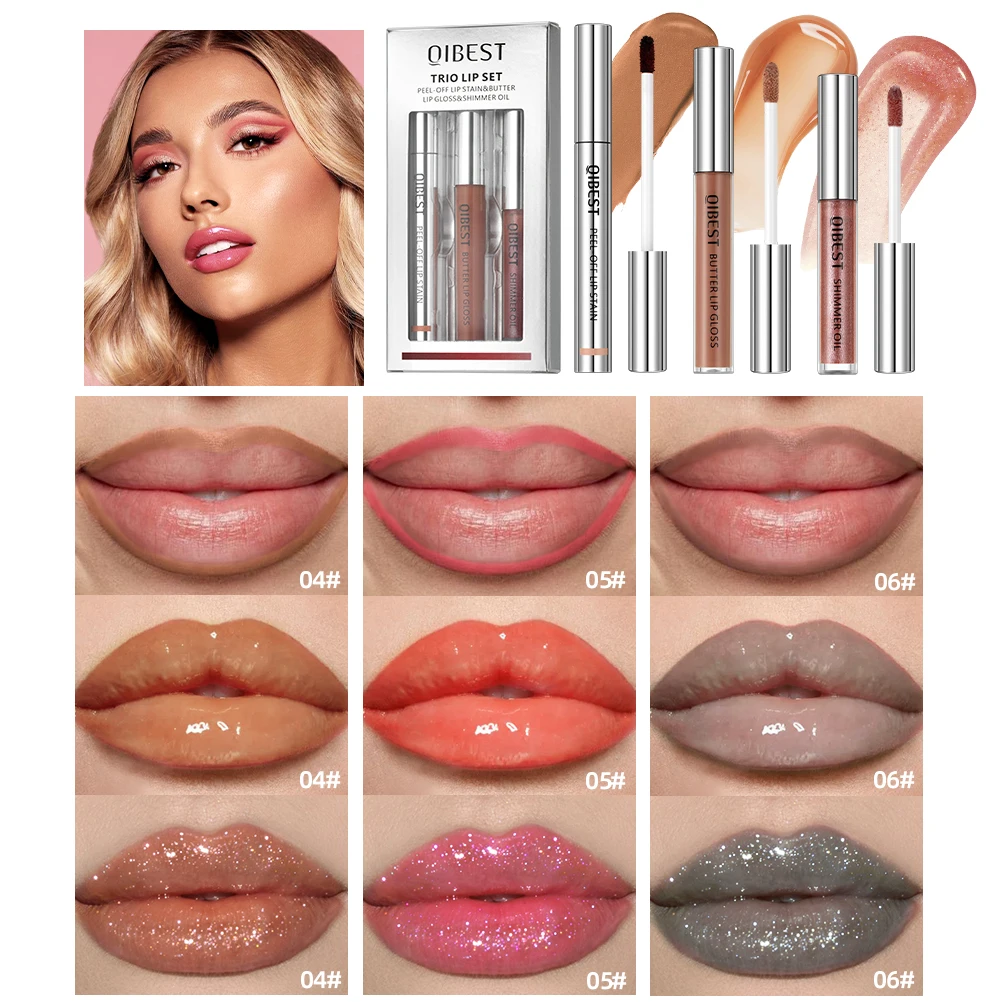 

QIBEST Multifunctional Makeup Kits Tear Off Lip Stain,Mirror Lip Glaze,Shimmer Lip Oil Gloss Long Lasting Lip Tint Cosmetics Set