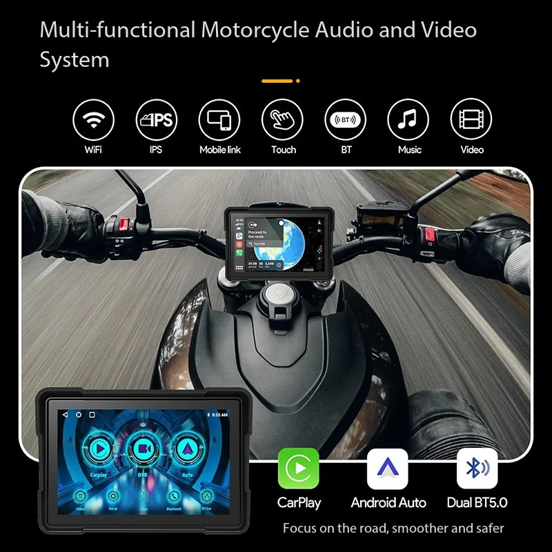 5inch Linux touchscreen motorcycle Waterproof Bluetooth wireless CarPlay & Android auto with 2-CH 1080P DVR support MOTO TPMS