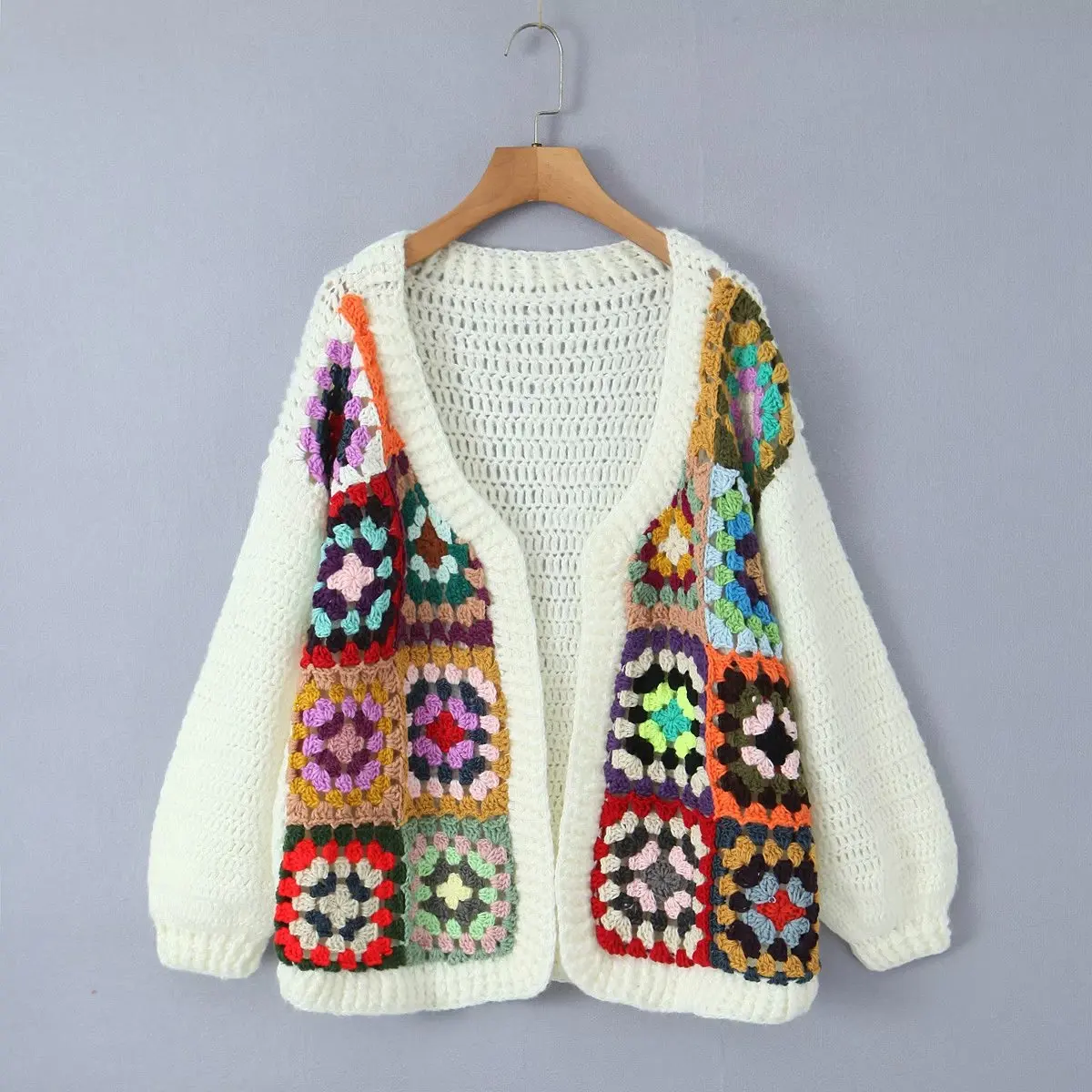 BOHO Colored Plaid Flower Hand Crochet Cardigan Vintage Woman V neck Long sleeve Open Stitching Sweater Loose Knitwear Jumper