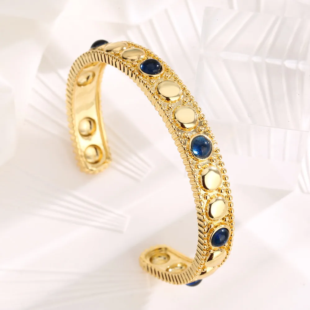 European Court Style Sapphire Blue Emerald Green Color CZ Gems Gold Metal Link Cuff Bracelet Bangles Women Accessories Gifts