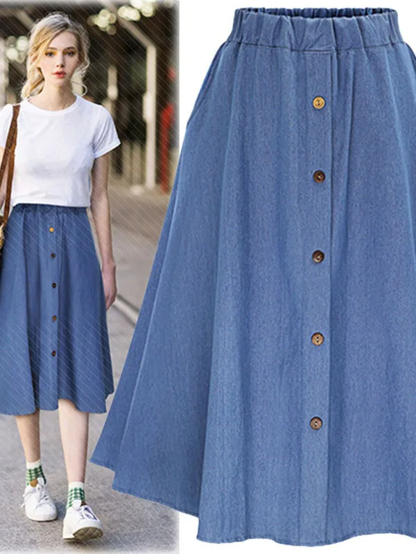 

Mid-Length Denim Skirt with Elastic Waist A-Line Silhouette Street Sle Pure Color Trendy f Body Skirts for Women