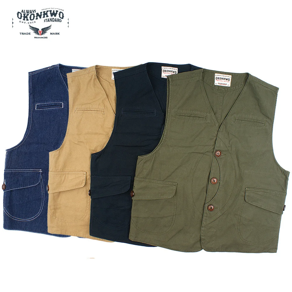 Okonkwo Canvas Fishing Vest Outdoor Trekking Hiking Climb Sport Military Multi Pocket Cowboy Hunting Costume Waistcoat AMEKAJI