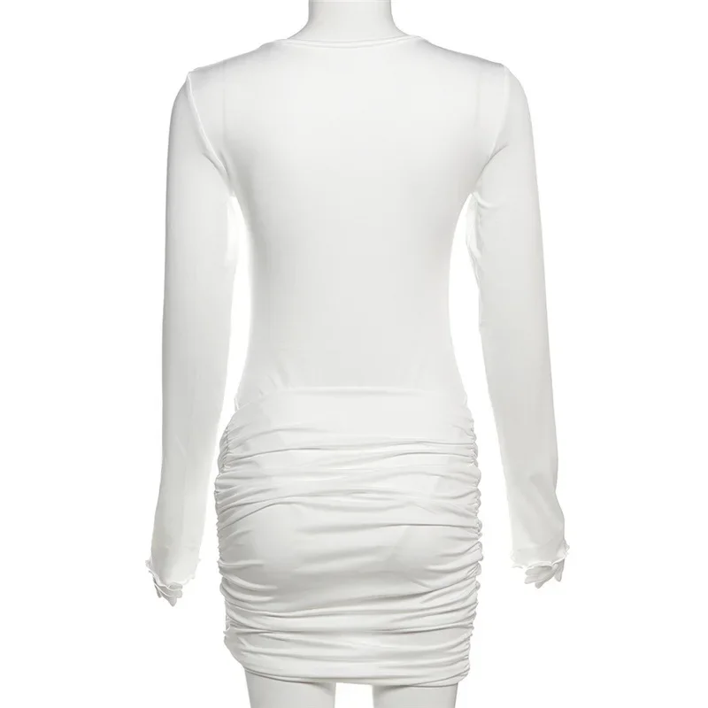 Diamonds Solid 2 Piece Set Women Sexy Long Sleeve Bodysuits Tops + Twist Ruched Low Waist Bodycon Mini Skirts Clubwear Suits