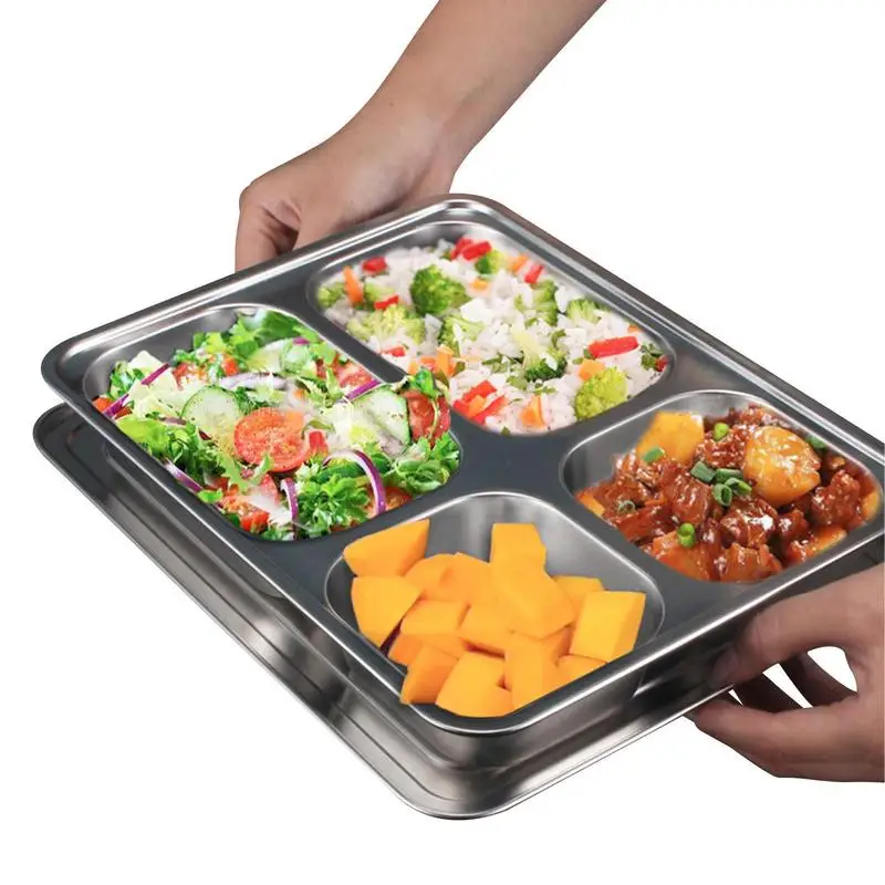 Steel Rectangular Divided Plates 4 Compartment Stainless Steel Divided Plate 3 Sections Food Trays Diet Food Control Compact As