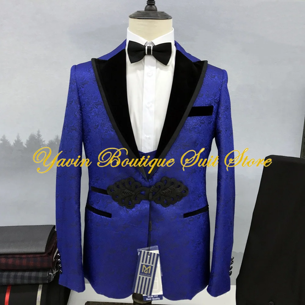 Formal Men's Suit 2 Piece Tuxedo Chinese Knotting Button Jacket Pants Set Peaked Lapel Holiday Party Blazer