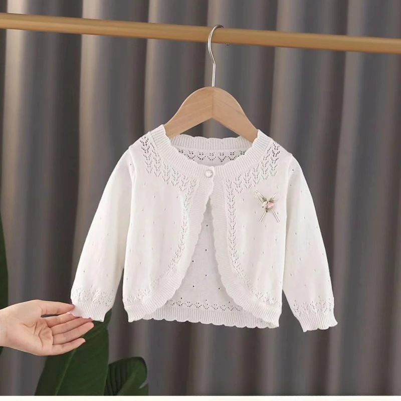 Girls' Spring and Summer Knitted Shoulder Thin Hollow Out Jacket for Baby Girls Summer Sun Protection Air Conditioning Shirt