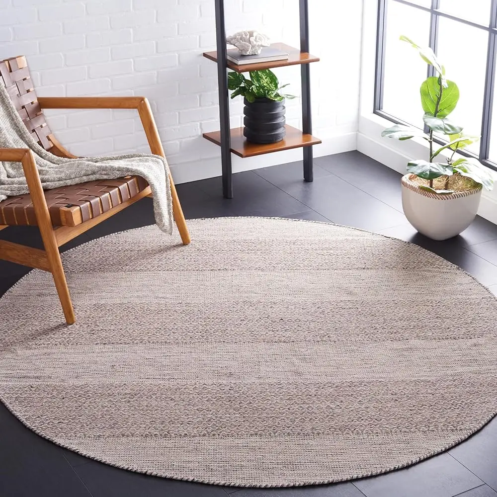 

Montauk Collection Area Rug - 4' Round, Ivory & Steel Grey, Handmade Flat Weave Boho Farmhouse Cotton Tassel Fringe, I For High