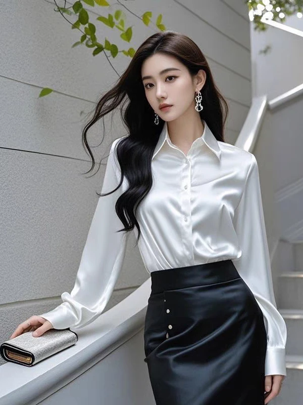 قميص نسائي أنيق بأكمام طويلة من الساتان لمقابلات العمل والتنقل، طبقة أساسية بأسلوب كوري فضفاض مع تفاصيل الأزرار #2