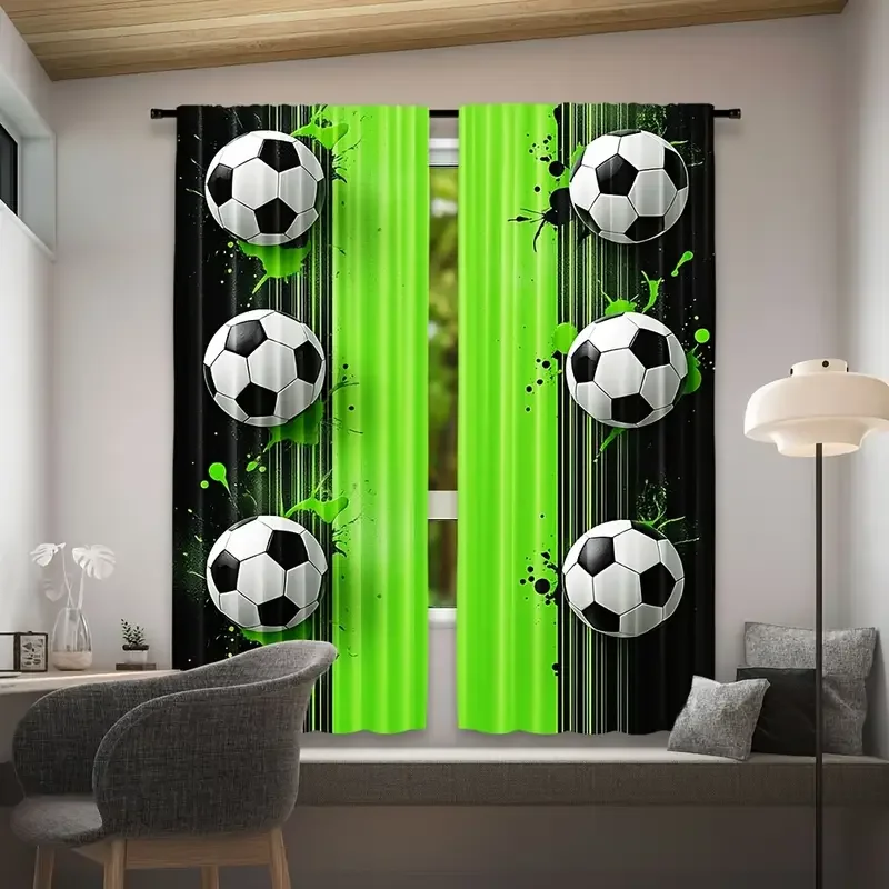 2pcs Sporty Soccer Ball Printed Curtains, Designed for Light Filtering, Quality Material, Ideal for Sports Enthusiast Home Windo