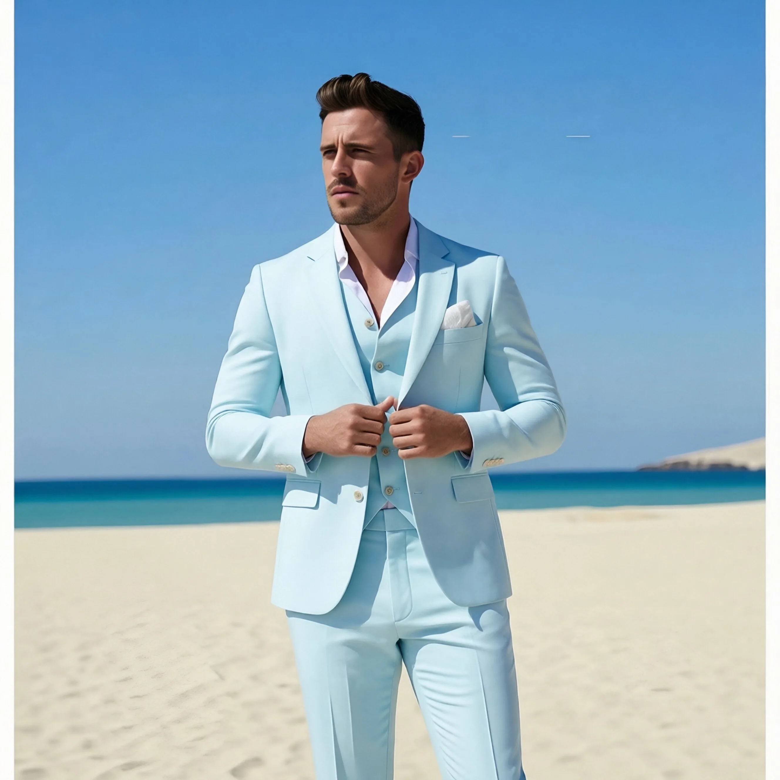 Traje de Lino Azul Cielo para Hombre 2026, Corte Slim Fit, 3 Piezas, para Boda en la Playa, Esmoquin, Novio, Fiesta de Graduación, Blazer, Chaleco y Pantalones, Conjunto Formal Casual de Verano