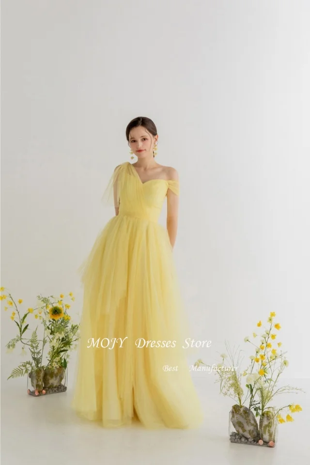 Mojy Yellow Tulle Wedding Dress Korea Photo Shoot A Line Sleeve Bridal Gown Floor Length Spaghetti Straps 신부 웨딩드레스 по индивидуальному заказу