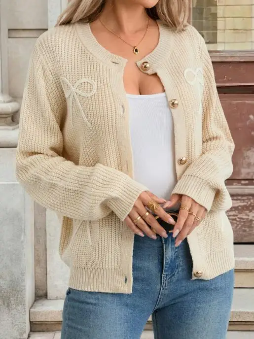 

Fall Bow Embroidery Knit Sweater Cardigan High-End Versatile Knit Jacket for Women Fashionable Cozy Cardigan for the Season
