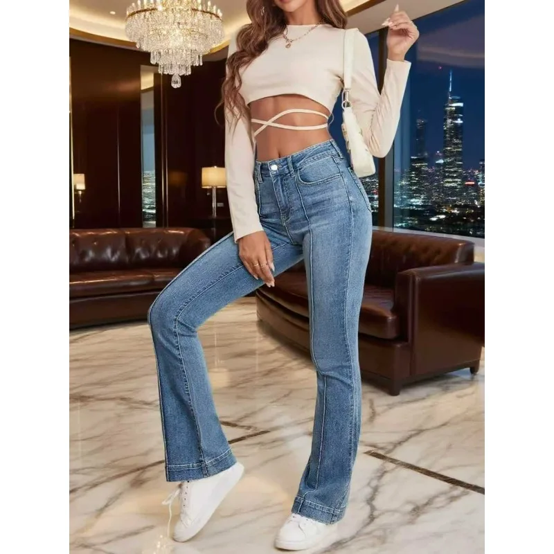 กางเกงยีนส์ทรงสลิมฟิต ขาบาน สไตล์วายทูเค สำหรับผู้หญิง ผ้าเดนิมสีน้ำเงิน ใส่สบายๆ แฟชั่นฤดูใบไม้ร่วงและฤดูหนาว มีกระเป๋า กางเกงยีนส์ผ้าฝ้ายทรงสกินนี่