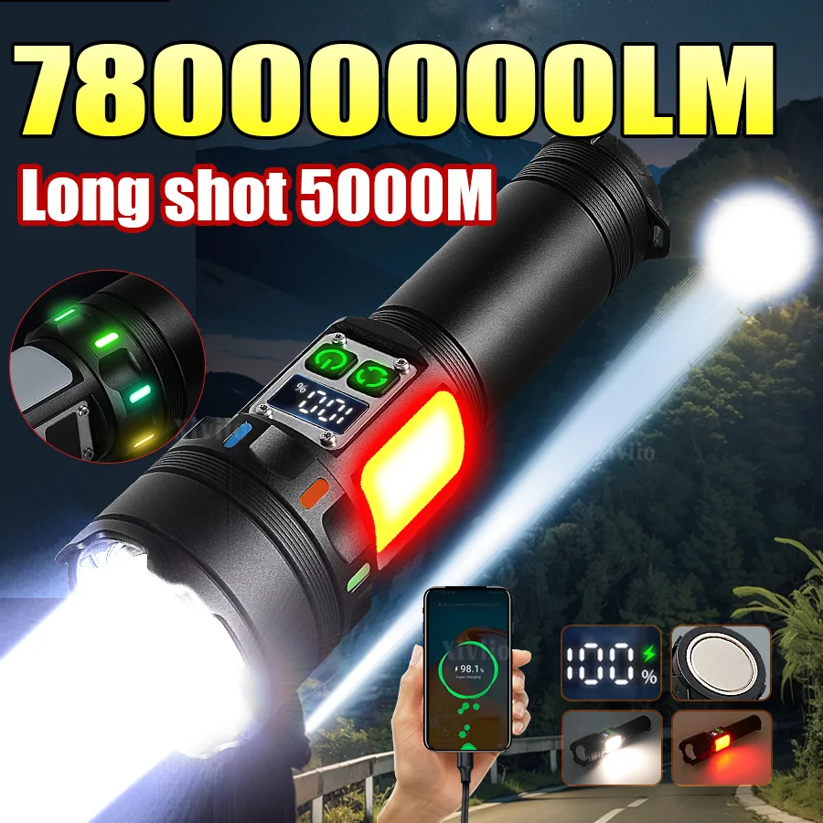 

78000000LM Супер яркий светодиодный фонарик Перезаряжаемый зум-фонарик дальнего действия 5000 м Мощный фонарик для рыбалки и кемпинга
