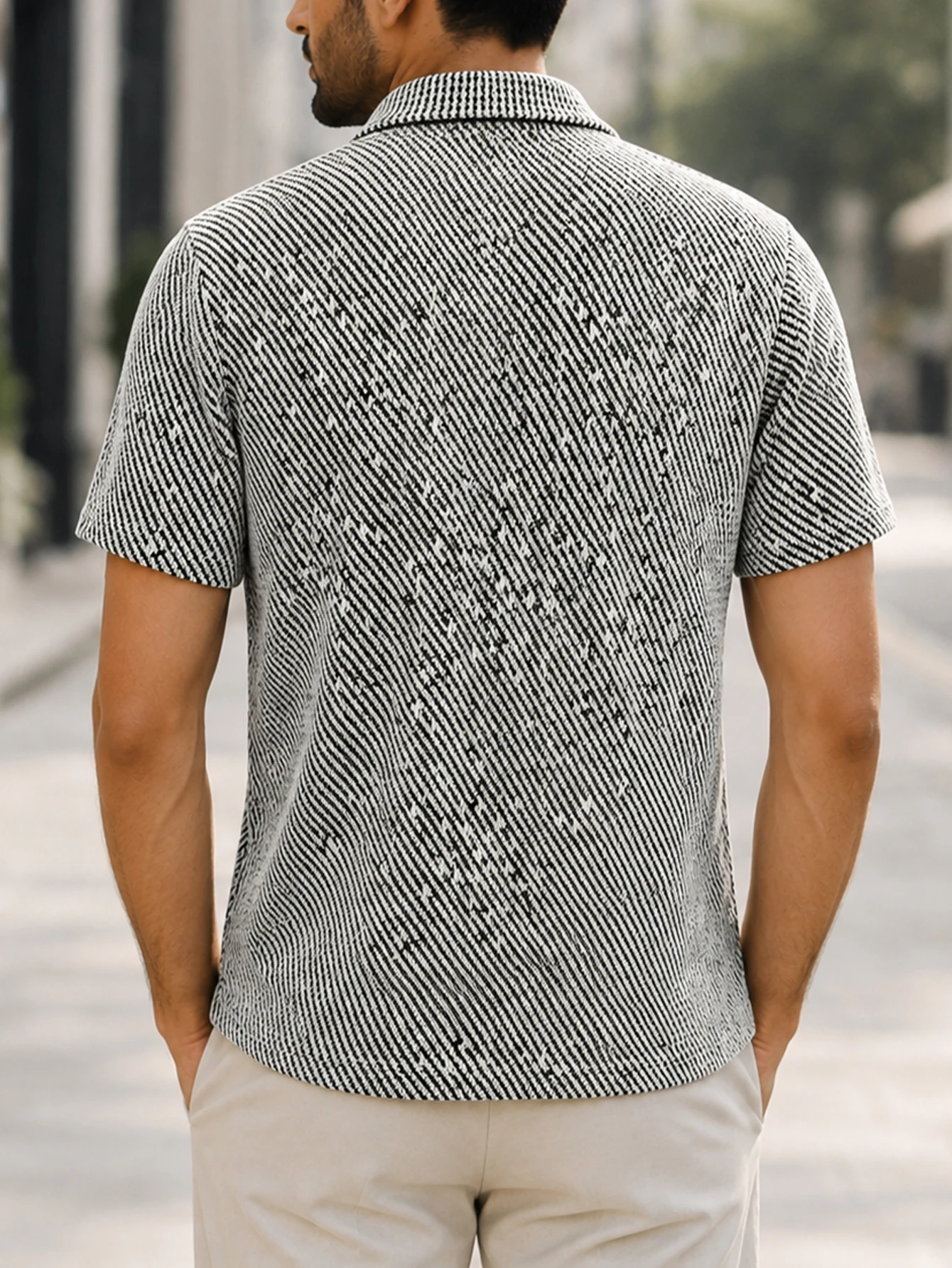 Men's Summer Short Sleeve Polo Shirt Black White Texture Strap Lace up Fashion Daily Vacation Casual Top