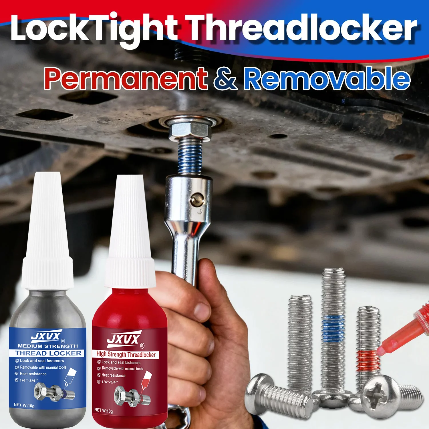 243/271 thread lock blue medium strength, locking and sealing nuts, bolts,fasteners and metal, can prevent loosening and leakage