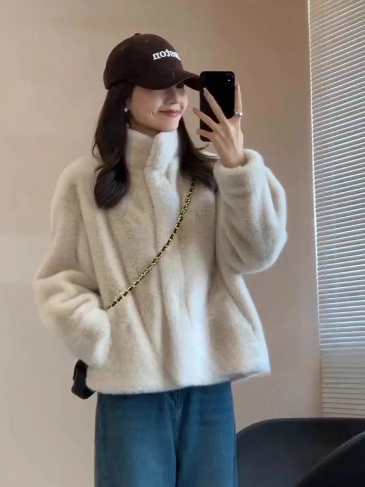 Autumn Winter Faux Mink Fur Coat For Women Simple Stand Up Collar Plush Jacket American Fashion High Street Thicken Overcoat