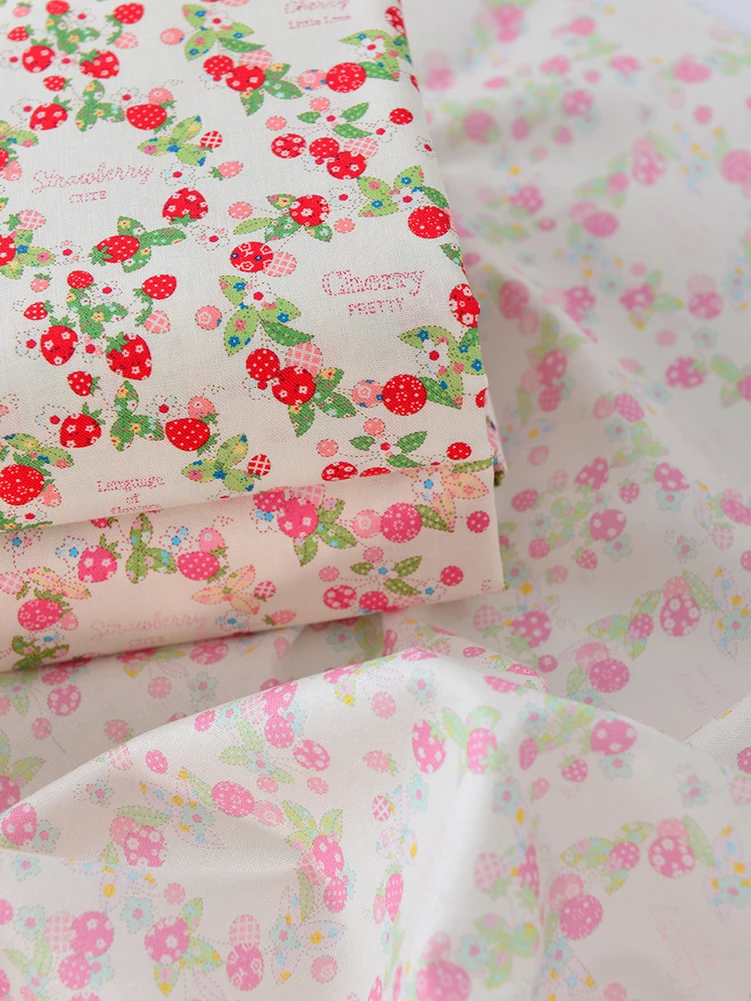 Pink Strawberry Cotton Fabric Cute Garland Plaid for Sewing Clothes DIY Handmade by Half Meter