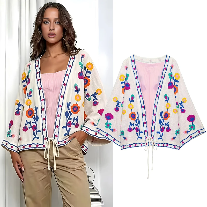 Women's Jackets Coats Fashion Floral Embroidery Jacket Autumn Women Lace-up Coats Vintage Female Outerwear Chic Tops