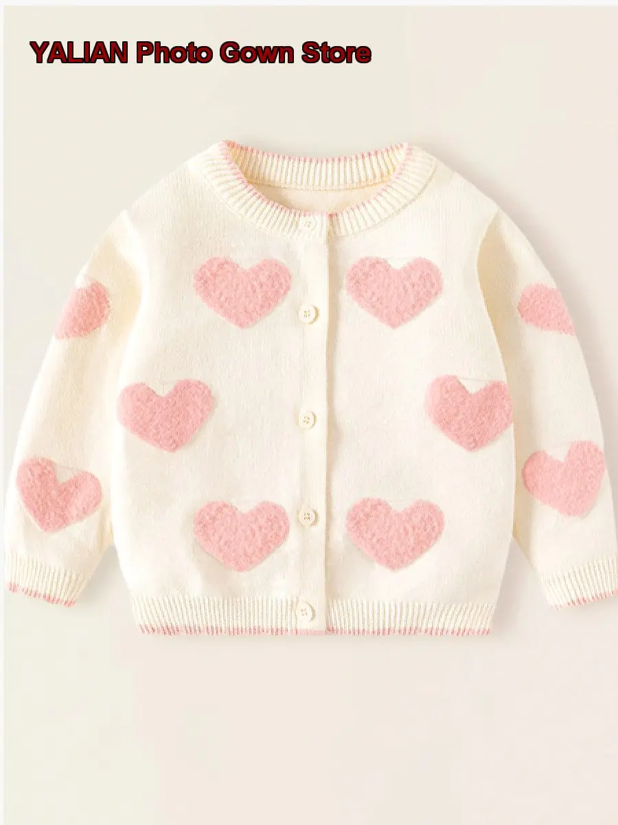 Infant Cardigan Newborn Baby Girl Round Neck Heart Pattern Soft Single-Layer Knit Cardigan Girls